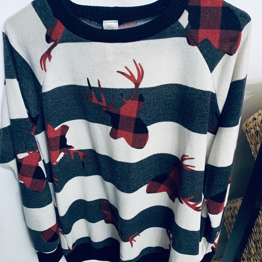 Plaid moose striped sweater NWOT
